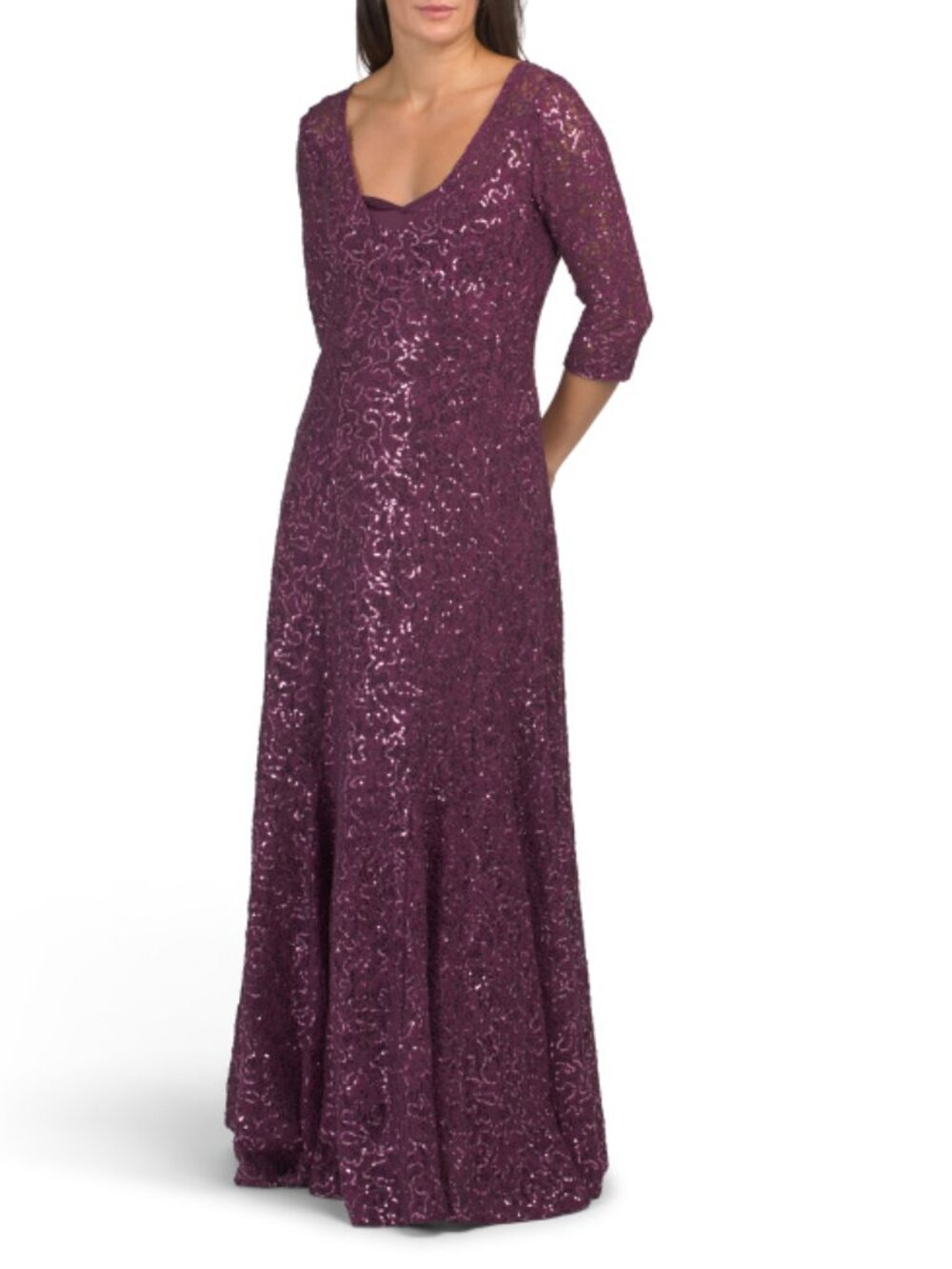 TAHARI ASL V-neck Sequin Lace Gown
